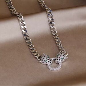 Panthere Silver Stainless Steel Diamond Crystal Necklace